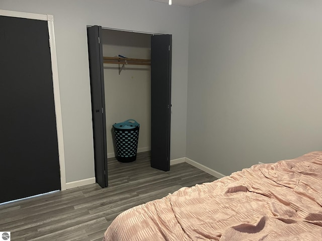 bedroom featuring dark wood-type flooring and a closet