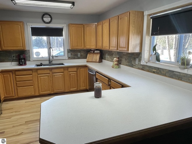 kitchen featuring a healthy amount of sunlight, sink, light hardwood / wood-style flooring, and decorative backsplash