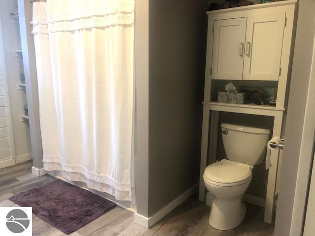 bathroom featuring a shower with curtain, hardwood / wood-style flooring, and toilet