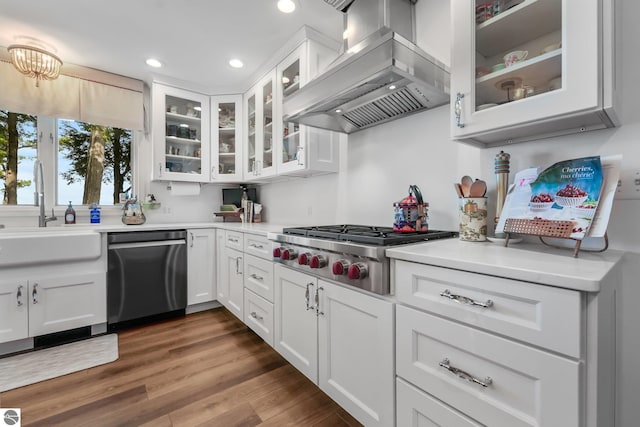 kitchen featuring island range hood, stainless steel appliances, sink, and white cabinets