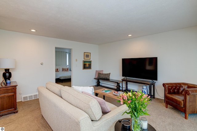 living room featuring light colored carpet