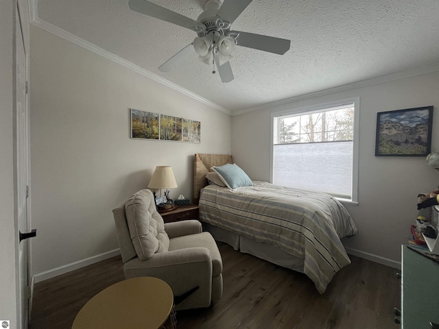 bedroom featuring dark wood-type flooring, lofted ceiling, crown molding, a textured ceiling, and ceiling fan