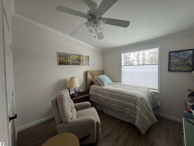 bedroom featuring crown molding, dark hardwood / wood-style floors, ceiling fan, and a textured ceiling