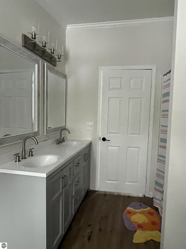 bathroom with vanity, crown molding, and hardwood / wood-style flooring