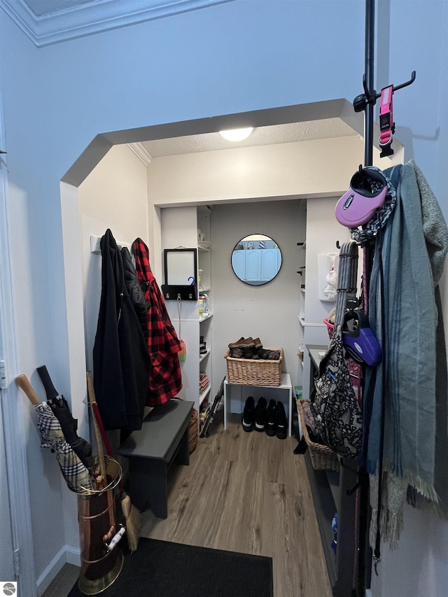 mudroom with hardwood / wood-style floors