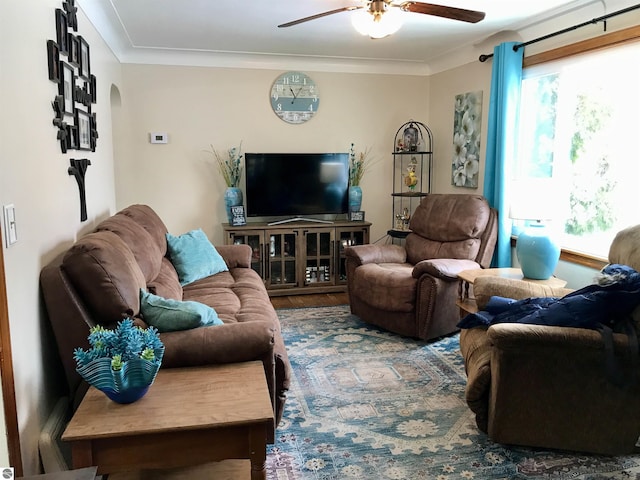 living room featuring ornamental molding, hardwood / wood-style floors, and ceiling fan