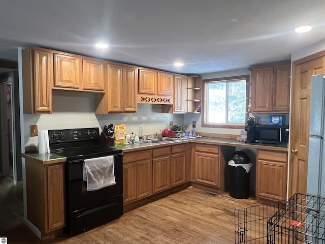 kitchen featuring sink, light hardwood / wood-style flooring, and black appliances