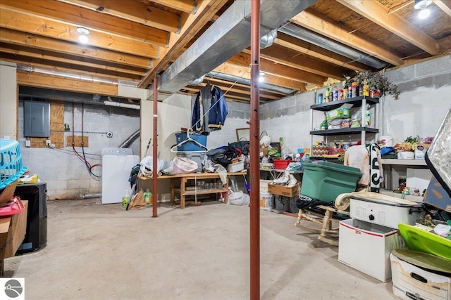 basement featuring washer / clothes dryer and electric panel