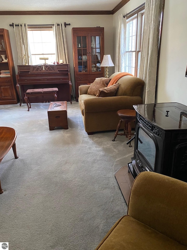 living room with light carpet and ornamental molding