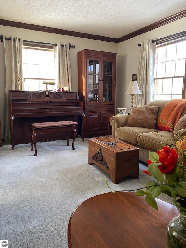 living room with crown molding, plenty of natural light, light colored carpet, and a textured ceiling