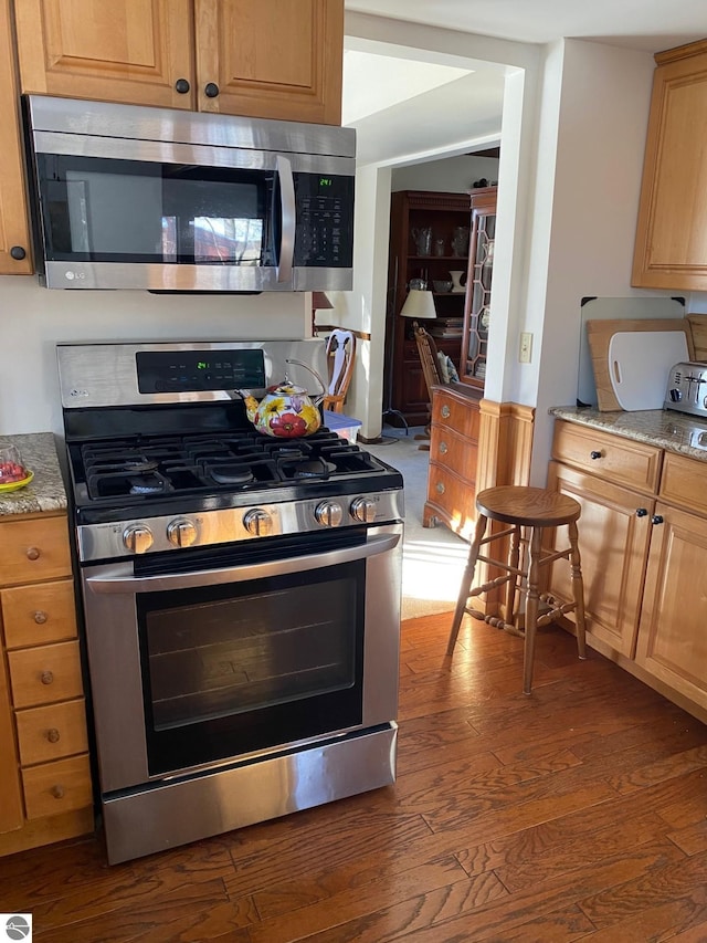 kitchen with stainless steel appliances, wood-type flooring, and light stone counters