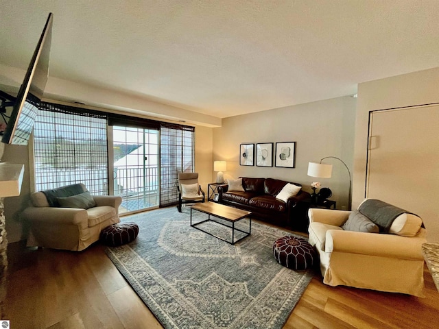 living room featuring wood-type flooring and a textured ceiling