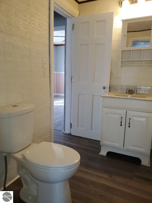 bathroom with vanity, wood-type flooring, tile walls, and toilet