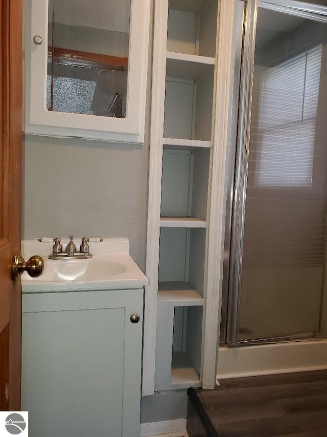 bathroom featuring a shower with door and vanity