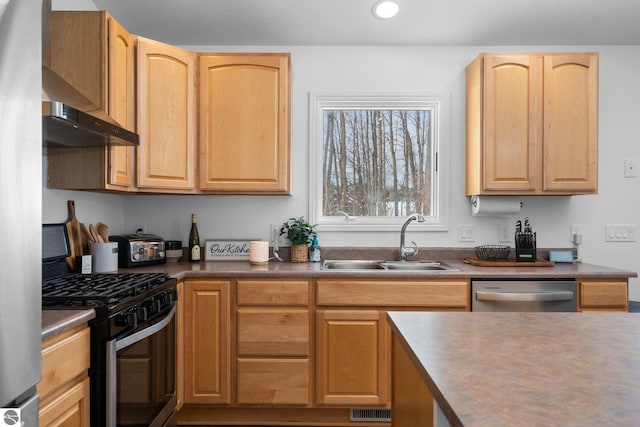 kitchen with stainless steel appliances, light brown cabinetry, sink, and wall chimney range hood