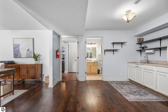 interior space with sink and dark wood-type flooring