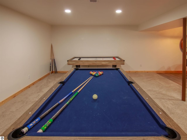 rec room with carpet floors and pool table