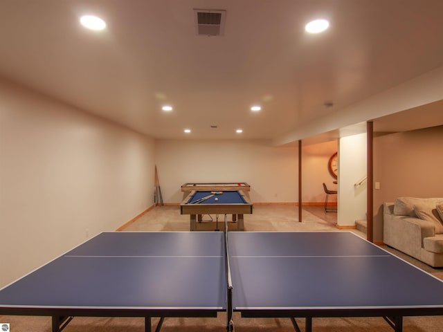 playroom featuring light colored carpet