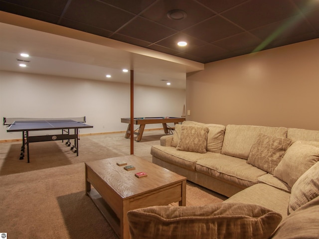 recreation room with light colored carpet and pool table