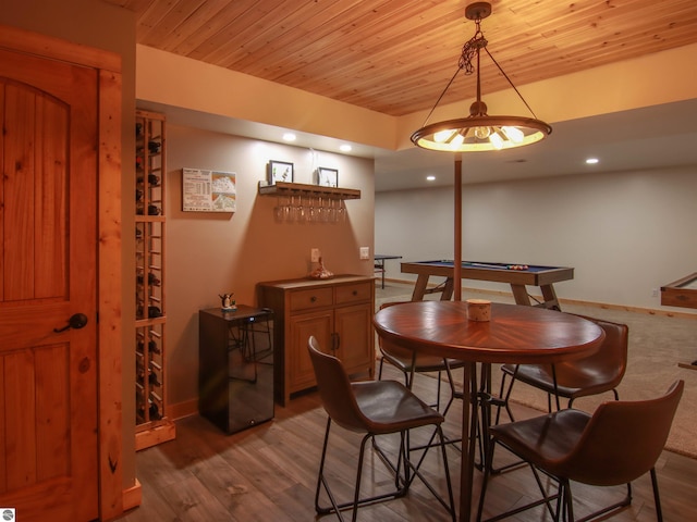 dining room featuring wood-type flooring and wooden ceiling