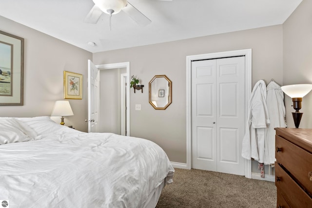 bedroom featuring carpet floors, ceiling fan, and a closet