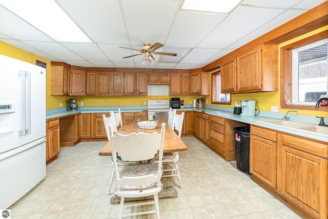 kitchen featuring sink, white appliances, a paneled ceiling, and ceiling fan