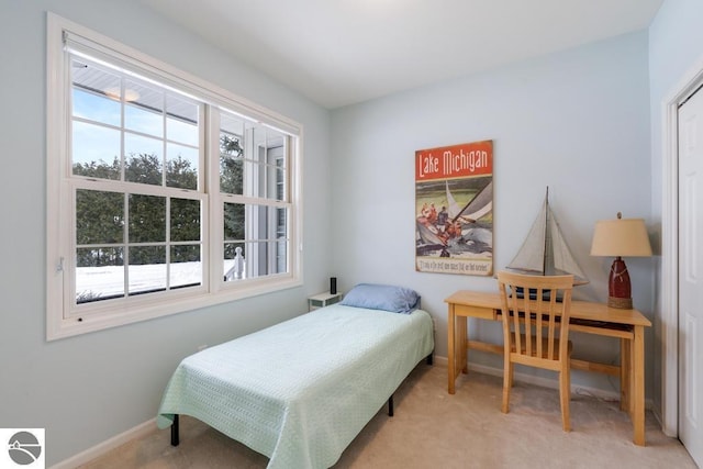 bedroom with light carpet