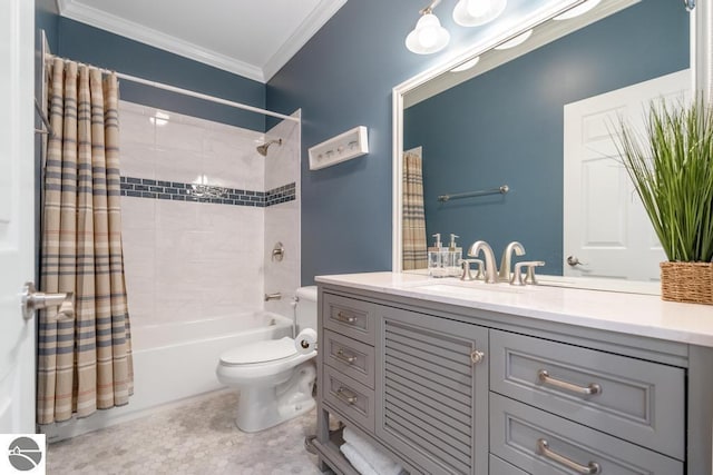 full bathroom with shower / tub combo, vanity, crown molding, and toilet