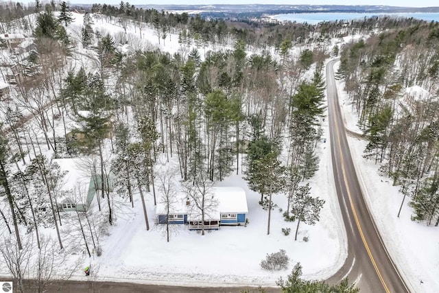 snowy aerial view with a water view