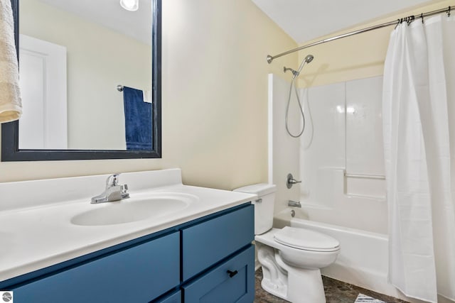 full bathroom with vanity, toilet, and shower / bath combo with shower curtain