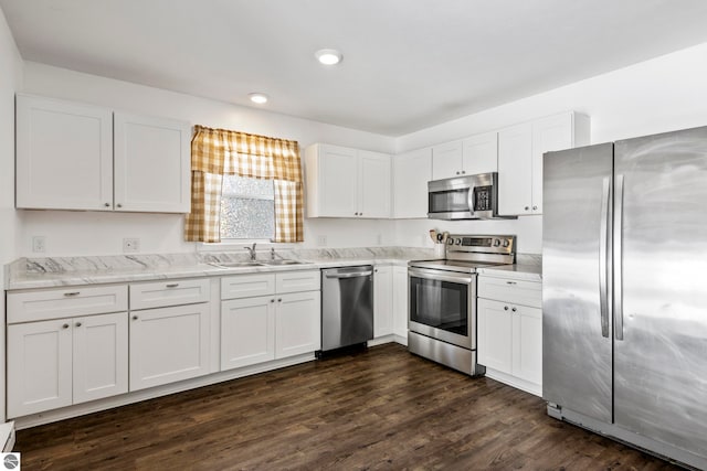 kitchen with white cabinetry, sink, dark hardwood / wood-style flooring, and stainless steel appliances