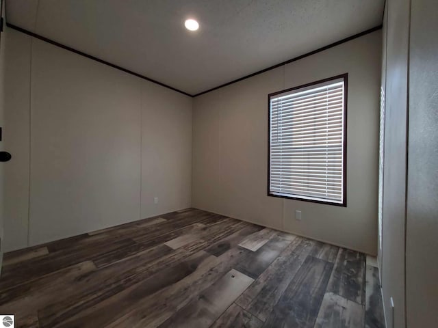 spare room featuring dark wood-type flooring and crown molding