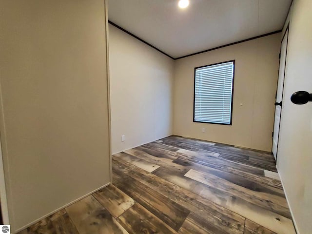 spare room featuring ornamental molding and dark hardwood / wood-style flooring