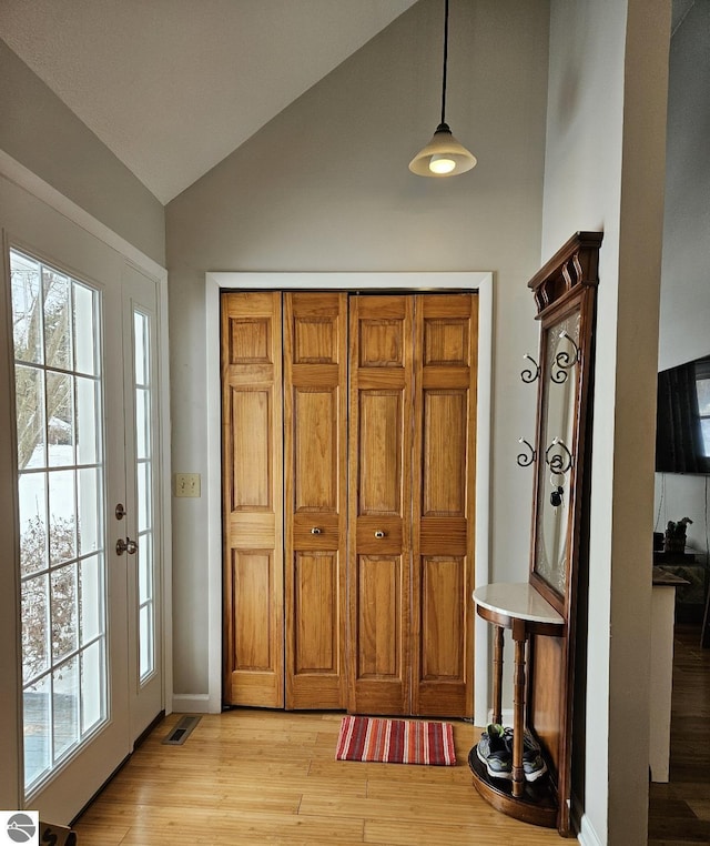 entrance foyer featuring lofted ceiling, plenty of natural light, and light hardwood / wood-style floors