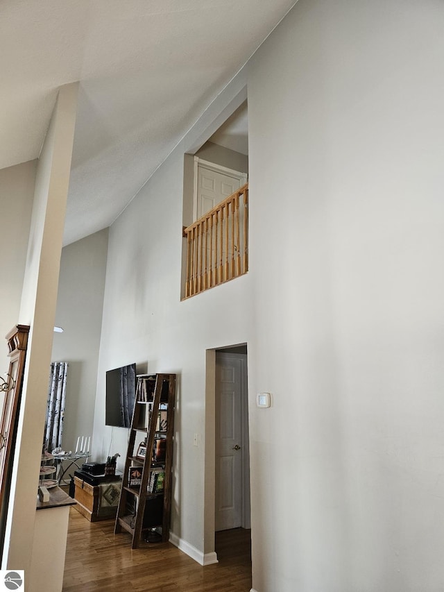 hall featuring high vaulted ceiling and hardwood / wood-style floors