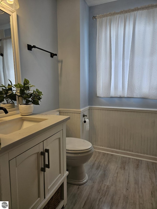 bathroom featuring hardwood / wood-style flooring, vanity, and toilet