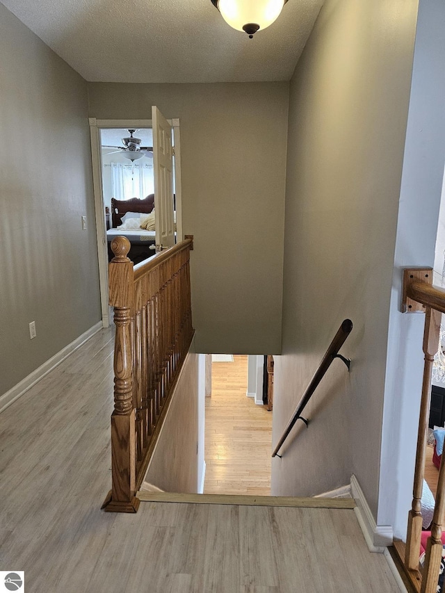 staircase with ceiling fan and hardwood / wood-style floors