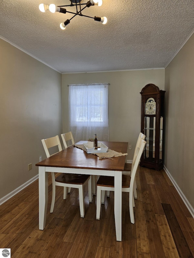 dining area with ornamental molding, a textured ceiling, and dark hardwood / wood-style flooring