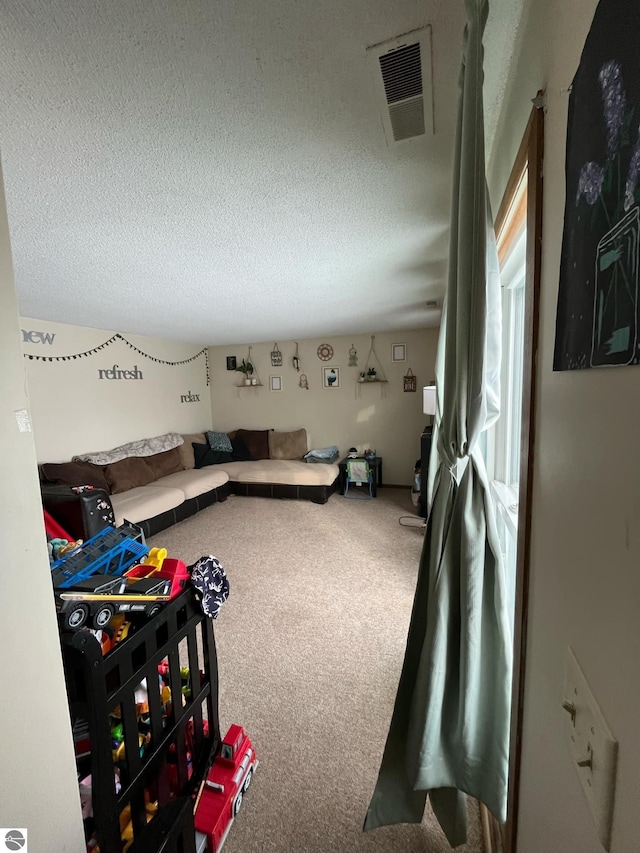 living room with carpet floors and a textured ceiling