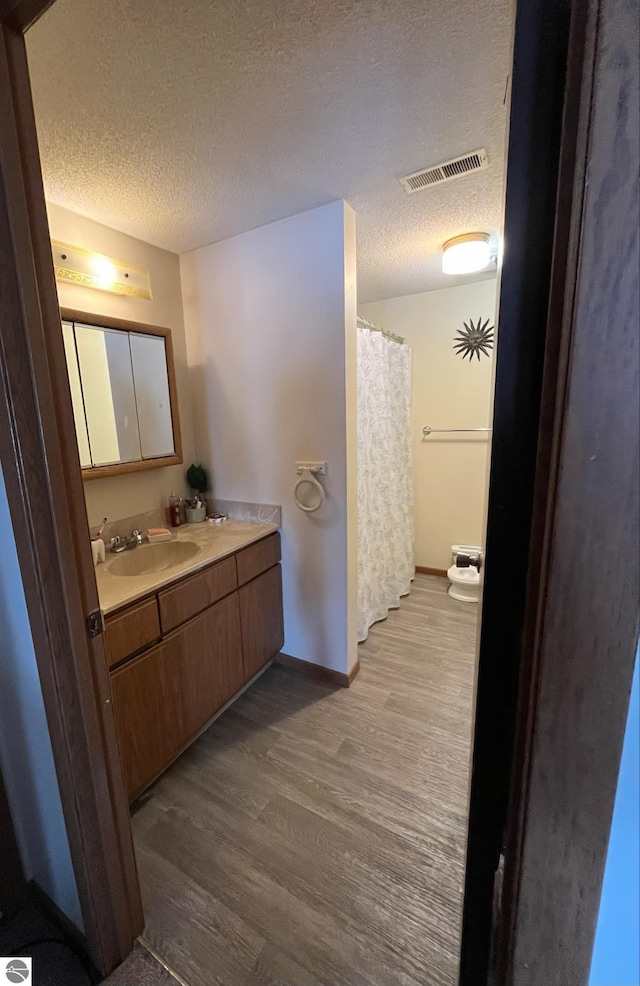 bathroom featuring vanity, hardwood / wood-style flooring, and a textured ceiling