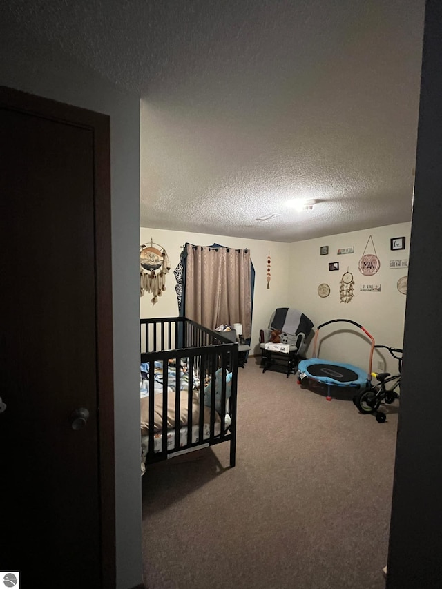 bedroom featuring carpet floors and a textured ceiling