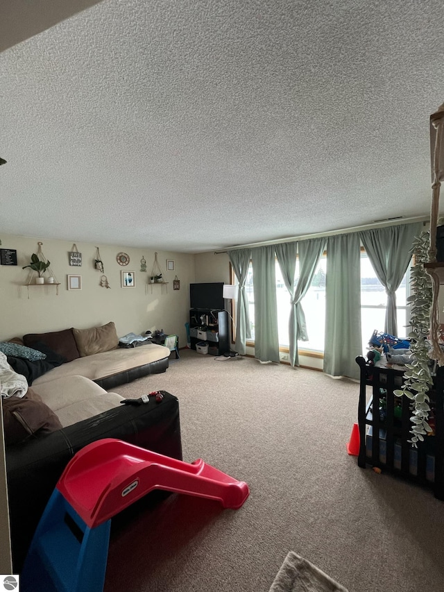 living room with carpet and a textured ceiling