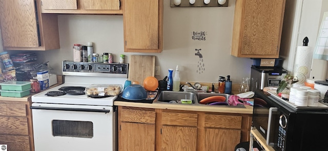 kitchen with white electric stove and sink