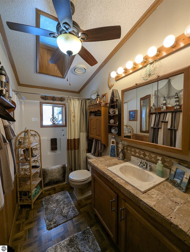 bathroom with vaulted ceiling, ornamental molding, vanity, and a textured ceiling