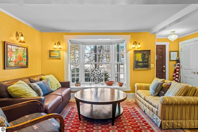 living room with crown molding