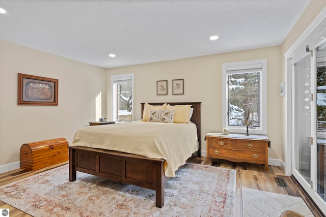 bedroom with access to exterior and hardwood / wood-style flooring