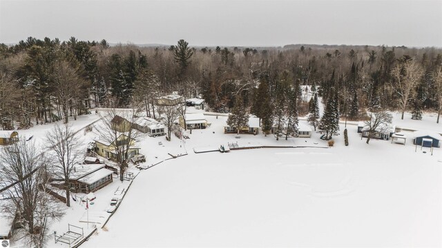 snowy aerial view with a view of trees