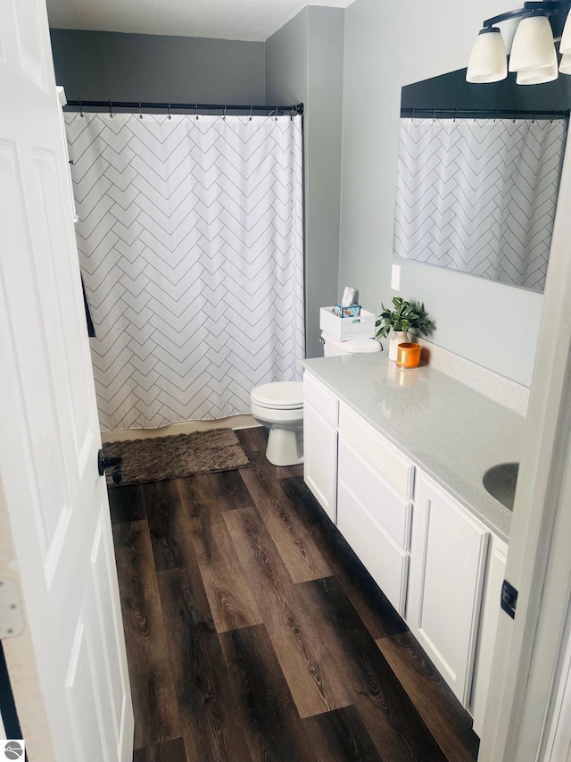 bathroom with vanity, toilet, and hardwood / wood-style floors