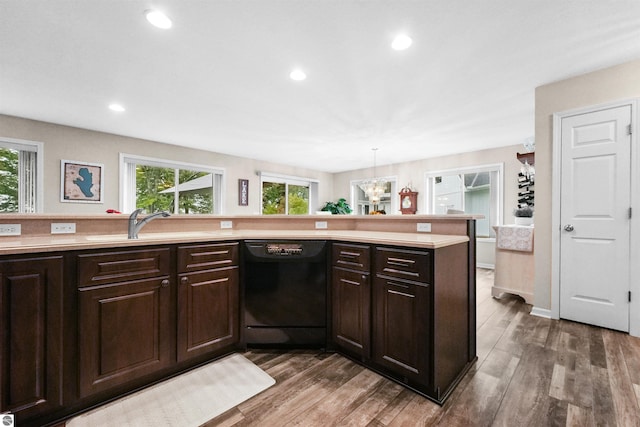 kitchen featuring light hardwood / wood-style flooring, dark brown cabinetry, black dishwasher, and decorative light fixtures