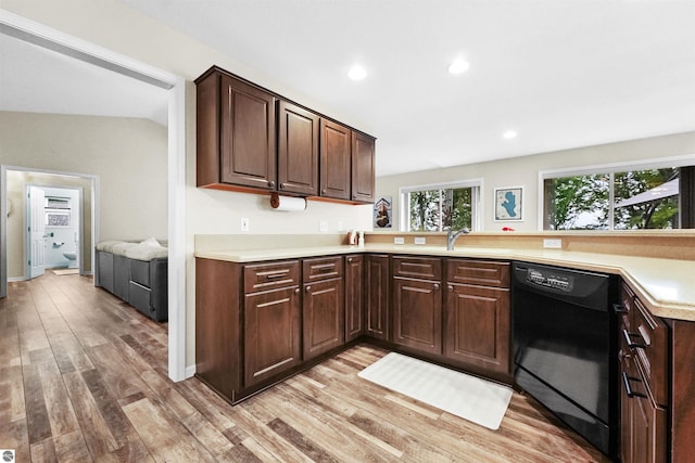 kitchen with dark brown cabinets, light hardwood / wood-style flooring, and black dishwasher